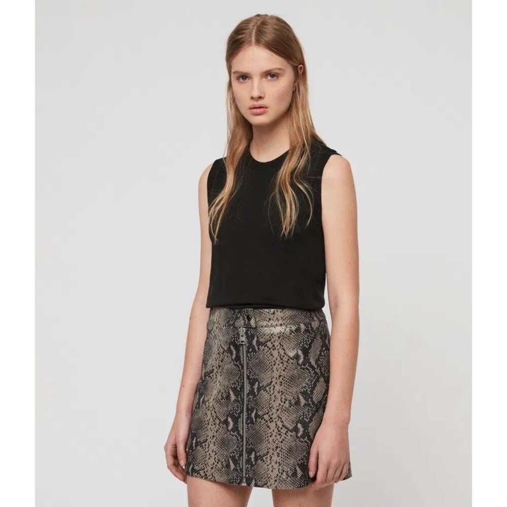 ALL  SAINTS Lena mini skirt in soft 100% goat Animal Snake Skin leather sz 0 - Picture 2 of 6